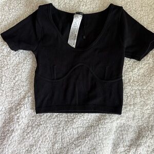 Zara Black Ribbed Short-Sleeve Crop Top with Underbust Seam